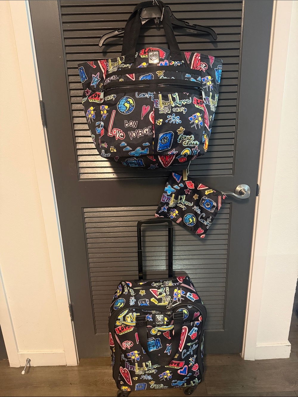 Brighton 3 piece Black Travel Tote + Carry-On Set with Colorful Graffiti Print